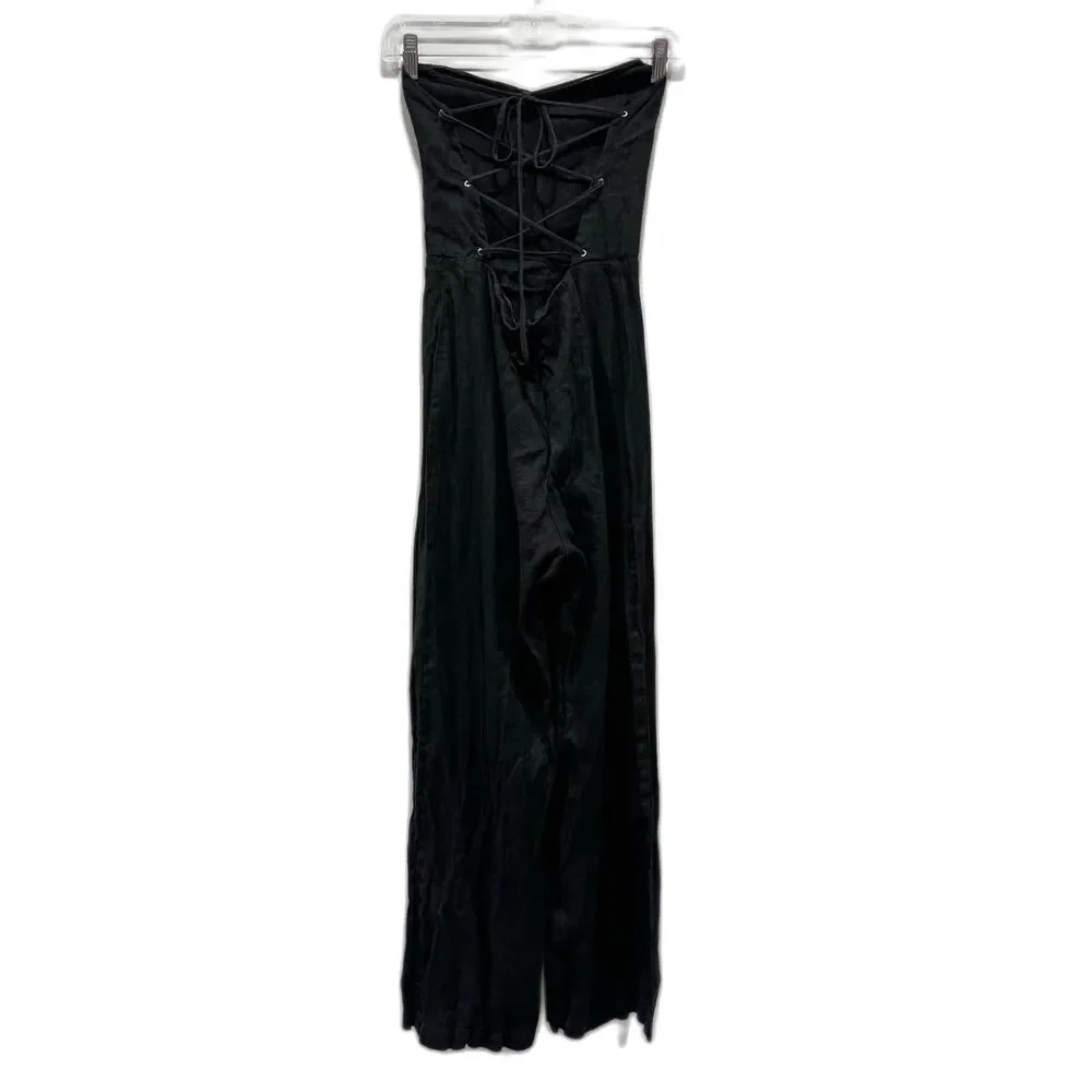 Reformation Jager Jumpsuit 100% Linen Pant FLAWED Black Tie Up Back Womens sz 6